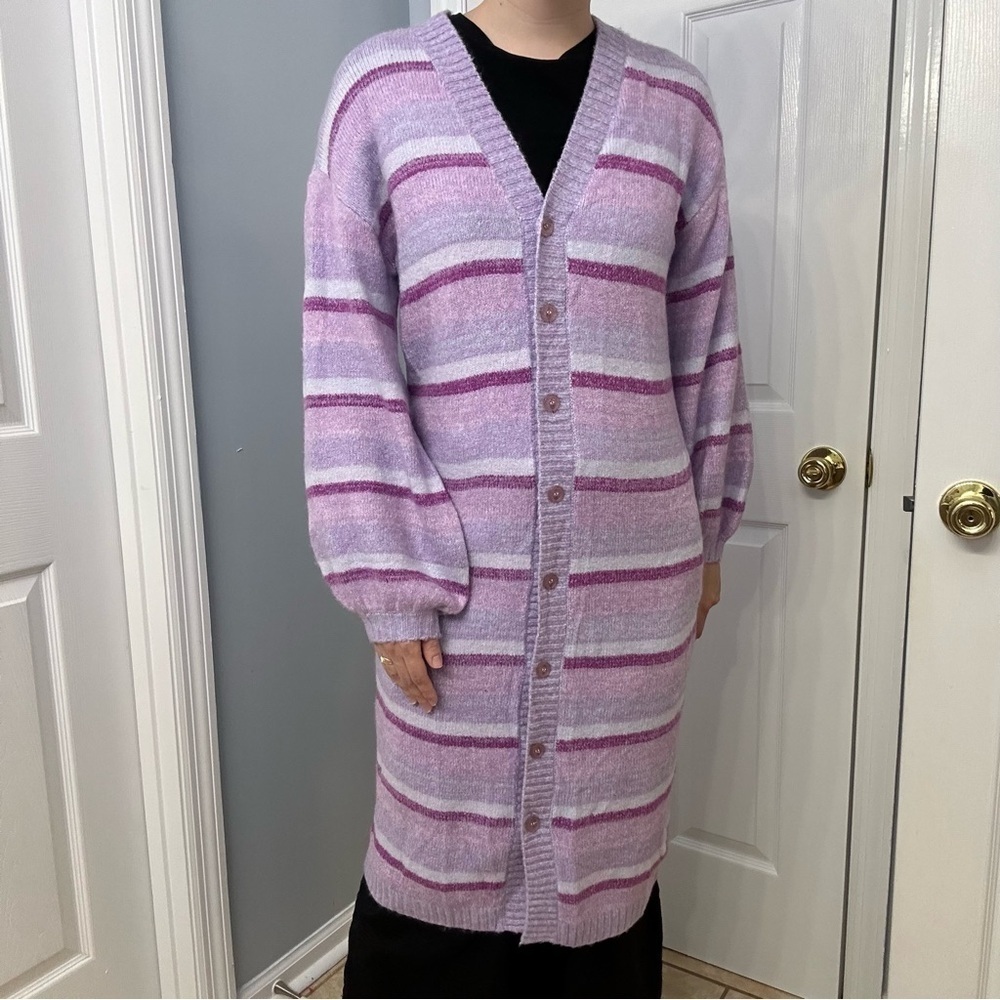 Lovers + Friends Cardigan Sweater Long Striped Knit Purple Size Extra Small New